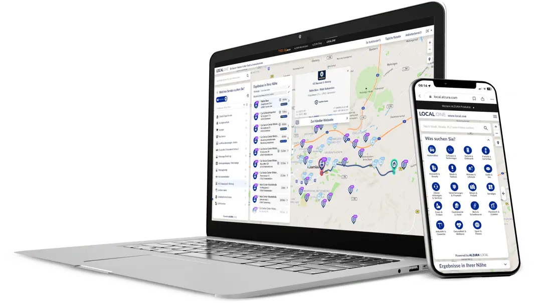 Vorschau der LOCAL.ONE-App auf einem Laptop und einem Smartphone mit Darstellung der Filteroptionen