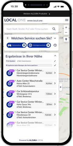 Un smartphone affiche les filtres sélectionnés pour le secteur et le service à l'étape 2. En dessous se trouve une liste de détaillants qui correspondent à ces filtres.
