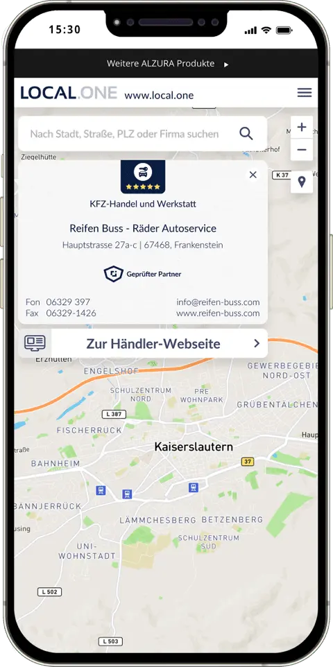 Smartfon wyświetla cyfrową wizytówkę zweryfikowanego sprzedawcy z ważnymi danymi kontaktowymi, takimi jak adres, numer telefonu i faksu oraz adres e-mail. Widoczne są również informacje o branży sprzedawcy oraz link do jego strony internetowej.