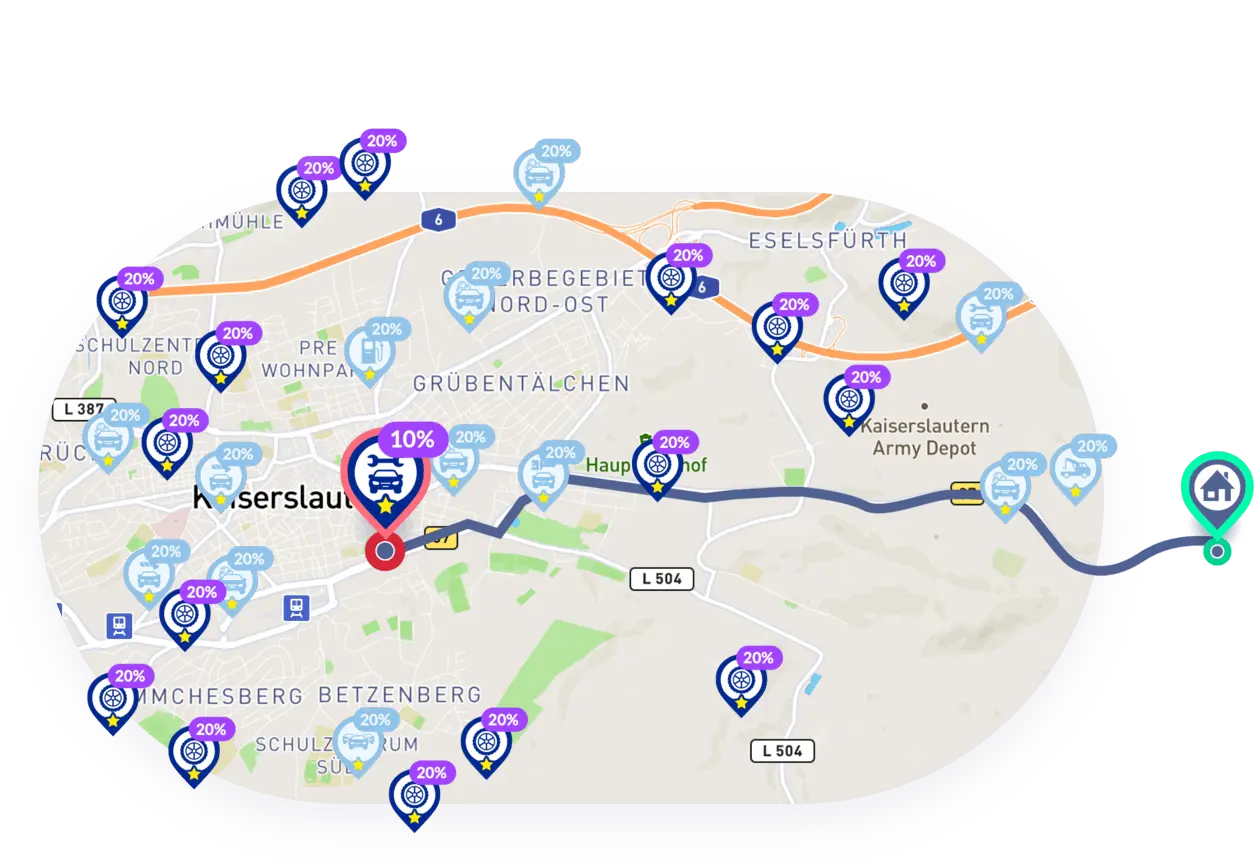 Mapa przedstawia kilka znaczników sprzedawców detalicznych, z których jeden jest większy i ma czerwoną obwódkę. Inny, większy znacznik wskazuje adres domowy z turkusową obwódką. Pomiędzy tymi dwoma znacznikami przebiega trasa, wskazująca najkrótszą drogę od adresu zamieszkania do punktu sprzedaży detalicznej.