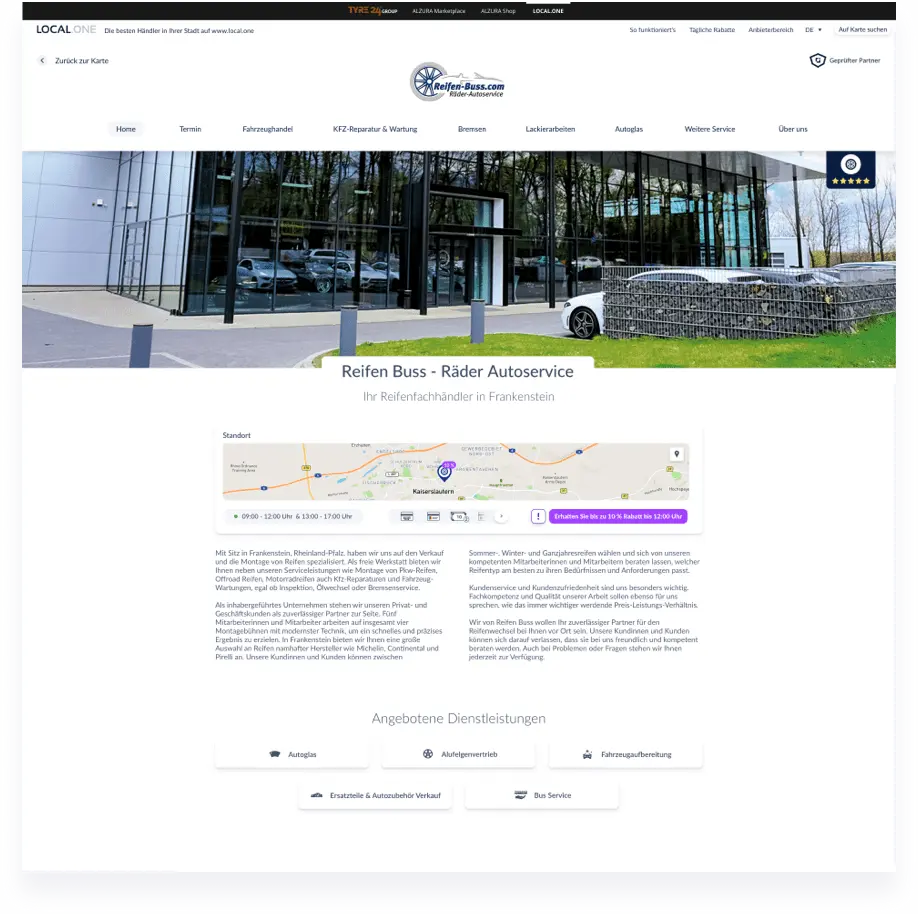Sekcja witryny sprzedawcy detalicznego zawiera istotne informacje od sprzedawcy detalicznego, takie jak mała mapa ze znacznikiem lokalizacji, godziny otwarcia, metody płatności, dostępne rabaty, tekst informacyjny i lista oferowanych usług.