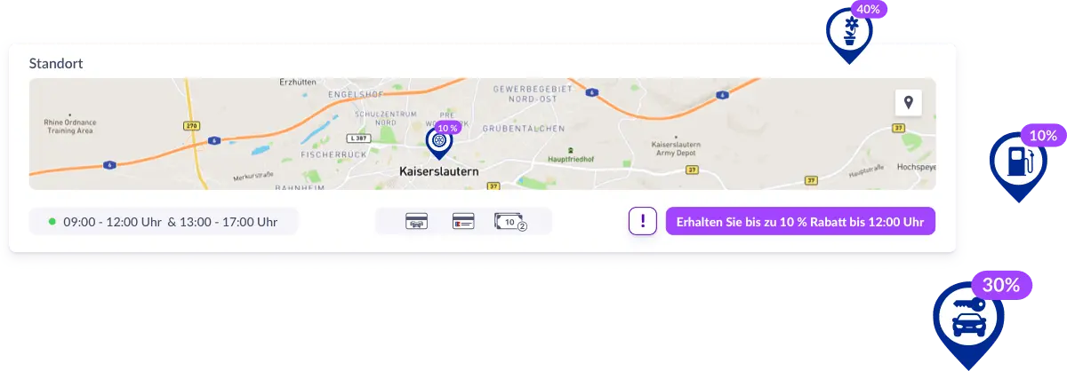 W widoku szczegółowym wyświetlane są istotne informacje o sprzedawcy, w tym mała mapa ze znacznikiem lokalizacji, godziny otwarcia, metody płatności i wskazanie ograniczonej czasowo zniżki. Po prawej stronie widoku szczegółowego znajduje się kilka znaczników lokalizacji z informacjami o rabatach.